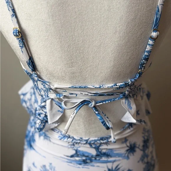 Lands’ End Blue White Toile Cutout One Piece Swimsuit Tie Front XS 2-4 - Picture 7 of 10